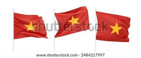 Set of Vietnamese waving flag on flagpole. Realistic 3d design flag flies on the wind on isolated white background. vector illustration