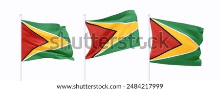 Set of Guyana waving flag on flagpole. Realistic 3d design flag flies on the wind on isolated white background. vector illustration