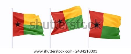 Set of Guinea-Bissau waving flag on flagpole. Realistic 3d design flag flies on the wind on isolated white background. vector illustration