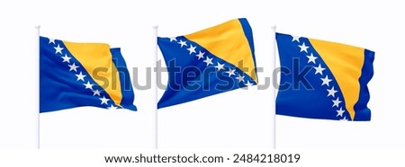 Set of Bosnia and Herzegovina waving flag on flagpole. Realistic 3d design flag flies on the wind on isolated white background. vector illustration