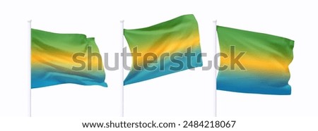 Set of Gabon waving flag on flagpole. Realistic 3d design flag flies on the wind on isolated white background. vector illustration