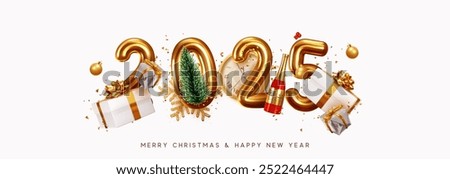 Happy New Year 2025. Golden metal number. Realistic 3d render sign. Festive realistic decoration. Celebrate party 2025, Web Poster, banner, cover card, brochure, flyer, layout design. White background