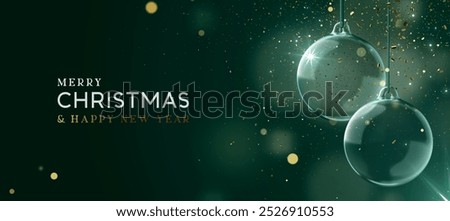 Merry Christmas and Happy New Year banner. Realistic 3d design Elegant Christmas glass ornaments hanging on ribbon, golden confetti on dark green background. Xmas two bauble balls. Vector illustration