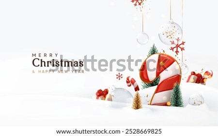 Christmas and New Year background. Xmas candy cane, gingerbread cookies, fir pine, lush tree, gold gifts box. Glass ornaments hanging on ribbon. Bright Winter holiday composition. Vector illustration