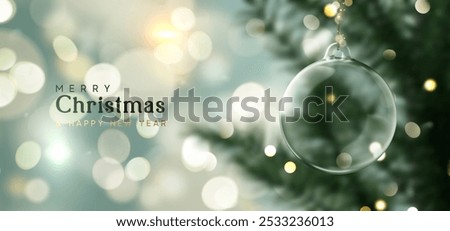 Decorated Christmas tree hanging glass transparent bauble balls, green light golden background blur bokeh. Realistic Xmas 3d design. Happy New Year poster and banner. Vector illustration