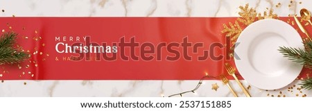 Christmas plate setting with golden cutlery on marble background. New Year Festive design with holiday xmas decorative. Table place setting banner with realistic 3d objects. Vector illustration