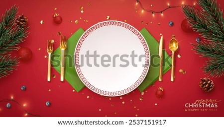 Christmas plate setting with golden cutlery on red background. New Year Festive design with holiday xmas decorative. Table place setting template with realistic 3d objects. Vector illustration