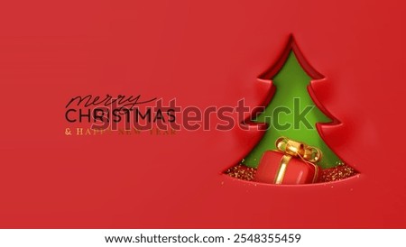 Green Christmas tree cutout with red paper background with realistic 3d red gift box and gold bow. Festive and Happy New Year minimalist design. vector illustration