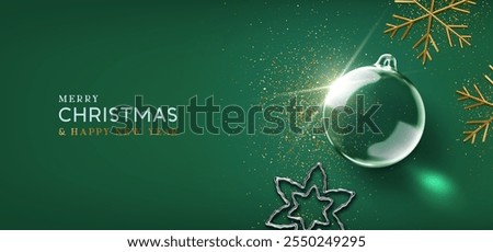 Merry Christmas and Happy New Year background. Christmas realistic 3d transparent ornament, glass star, flat top view, gold metallic snowflakes and confetti. Dark green background. Vector illustration