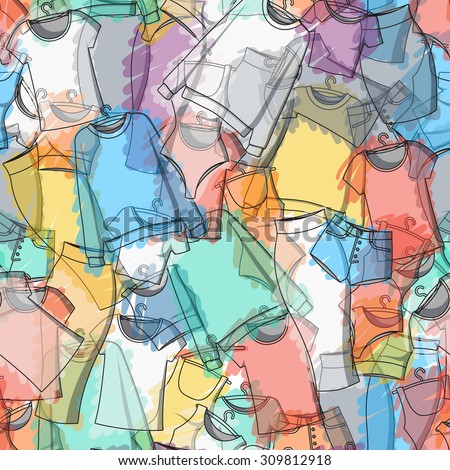 Seamless pattern of colorful clothes for stylish design. Transparent pattern. Background of clothing. Scattered clothes. Paints. Watercolor. Clothing design