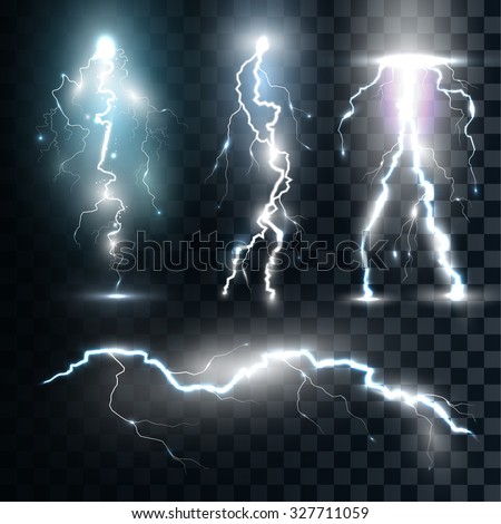 Set of the isolated realistic lightnings with transparency for design. Thunder-storm and lightnings. Magic and bright lighting effects. Natural effects