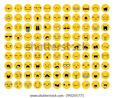 Great set 99 yellow emotion isolated on white. Emoji  for Web.  Anger and compassion. Laughter, tears. Smile sadness surprise. Happiness  fear. 