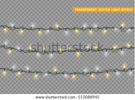 Christmas lights isolated realistic design elements. Glowing lights for Xmas Holiday greeting card design. Garlands, Christmas decorations.