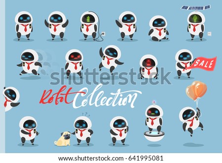 Set character robot android. Characters cartoon in flat style with different tasks, gestures. On the faces of emotions, joy, laughter, surprise, anger. Objects isolated against a blue background.