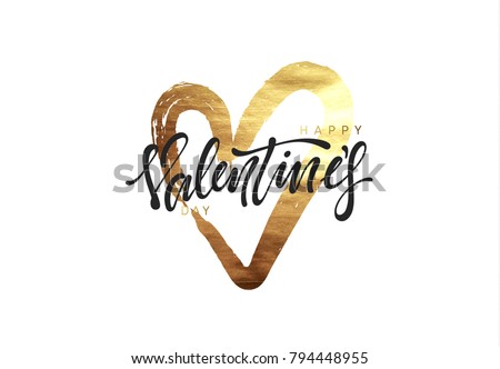 Valentines Day. Golden heart, smear paint stroke brush with bright sparkles. Greeting card, poster, banner, design element. vector illustration