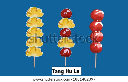 Set of Tang Hu Lu ,Jujube  and pieapple coated in a hardened sugar syrup on white background. Close up drawing vector illustration.