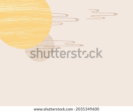 The yellow full moon with simple clouds on light brown earth tone background. Asian style full moon background cerebration. Vector illustration. 
