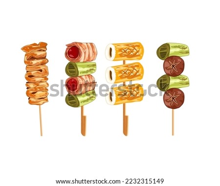 Mala Tang, Isolated Chinese hot pot meat on sticks menu.Chicken mixed with sauce, bacon with bell peppers, spicy squid, shiitake with bell peppers. Close up street food vector illustration.      
