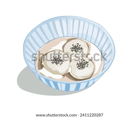 Isolated glutinous rice balls or tang yuan with sesame, a Chinese dessert in blue and white old style bowl on white background, hand drawing realistic food vector illustration. 