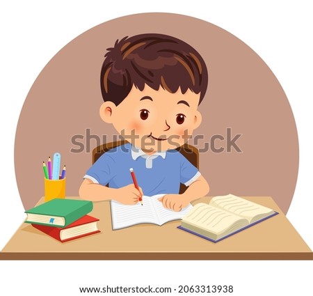 Little boy doing homework by read and writing on his desk. Vector illustration