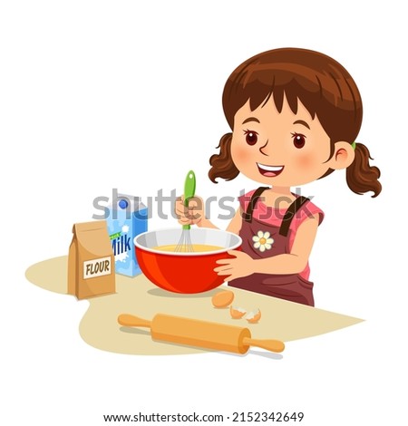A little girl in an apron is mixing ingredients and preparing dough in a bowl at the kitchen counter, isolated on white background. Preparation of homemade pastry or baking. Vector illustration