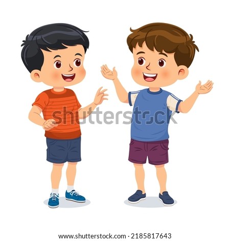 Two little boys have fun talking together. Cartoon characters vector isolated on white background