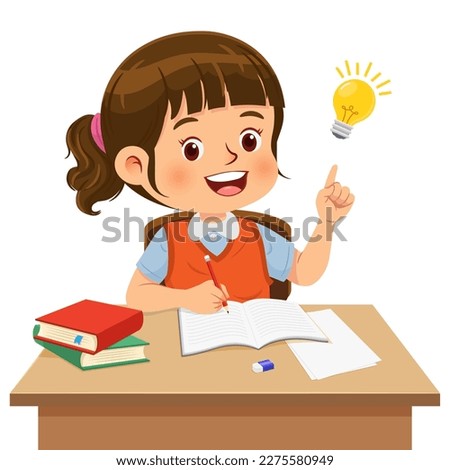 Cute little girl sitting at the desk doing his homework and having good idea for answers. Vector illustration. Isolated on white background