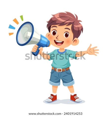 Vector illustration of little boy excitedly shouting into megaphone. He looks lively, and his arm is spread wide open, beaming smile.