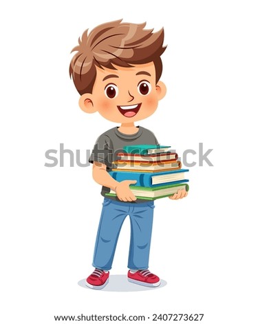 Cute little boy standing and holding a pile of books. She has joyful expression and smile. Vector illustration isolated on white background