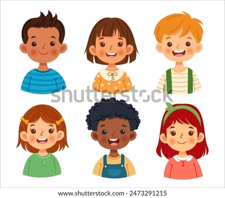 Avatars collection of children. Cute faces of different nationalities boys and girls. Vector illustration