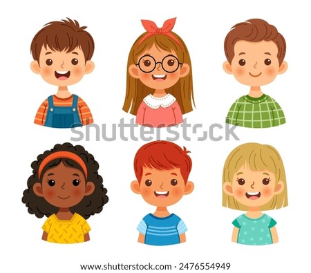 Collection avatars of children. Cute faces of different nationalities boys and girls. Vector illustration