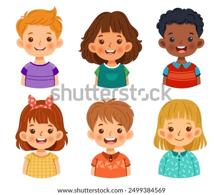 Collection of happy and cheerful children. Cute faces of different nationalities boys and girls. Vector illustration