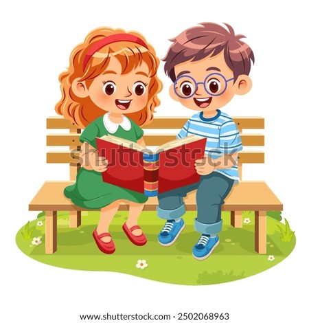 Cute little girl and boy sitting together reading book with interest on a wooden bench in a park with bright green grass. Vector illustration