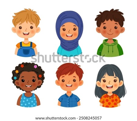 Collection of avatars featuring cheerful children. Cute faces of different nationalities boys and girls. Vector illustration