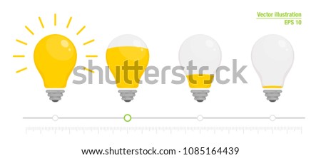 Light power indicator. Power switch. Energy charge level, full and low. Yellow glowing light bulb. Vector illustration for your design. Flat style