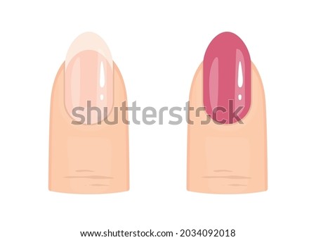 Close up of woman’s finger with pink polish and finger with French Professional Manicure. Beauty treatment. Vector illustration