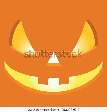 Close-up of a Halloween Pumpkin Jack-o-Lantern Vector Illustration. Carved Grinning Face with a Mischievous, Sinister Expression. Spooky Decor, Holiday Clipart, Festive Art. Face on Orange Background