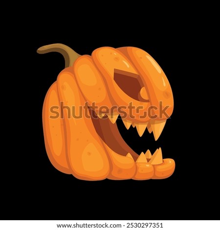 Halloween Pumpkin Jack-o-Lantern Vector Illustration. Carved Grinning Face with a Mischievous, Sinister Expression, Sharp Teeth, and Toothsome Grin, Side View. Isolated on a Black Background