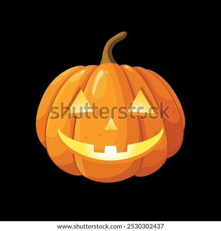 Halloween Pumpkin Jack-o-Lantern Vector Illustration. Carved Smiling Face with a Happy, Friendly Expression. Joyful, Spooky Decorations, Holiday Clipart, and Festive Designs. Isolated on a Background