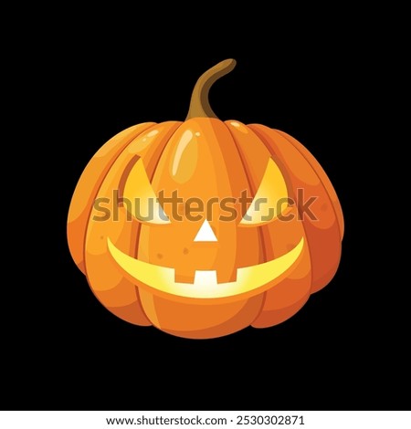 Halloween Pumpkin Jack-o-Lantern Vector Illustration. Carved Grinning Face with a Mischievous, Sinister Expression. Spooky Decor, Holiday Clipart, and Festive Designs. Isolated on a Black Background