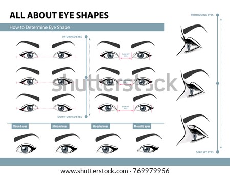 How to determine Eye Shape. Various types of female eyes. Set of vector illustrations with captions. Template for Makeup. Training poster
