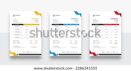 Abstract modern colorful business invoice template. color variation creative invoice Template Paper Sheet Include Accounting, Price, Tax, and Quantity. With color variation Vector illustration of Fina