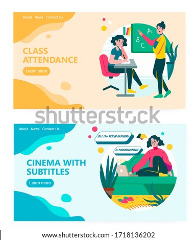 Teacher and student in school classroom. Girl sitting on cozy sofa and watching movie with subtitles. Concept illustration. Vector web site design template. Landing page website illustration.