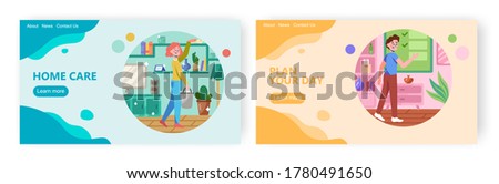 Woman clean home and remove dust. Man check todo list. Concept illustration. Vector web site design template