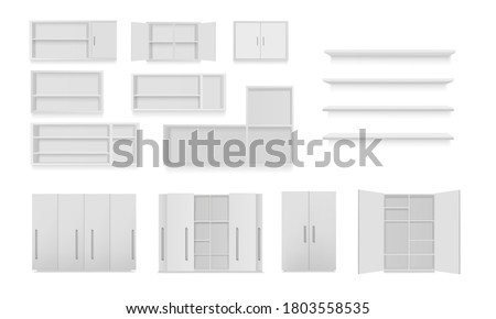 Vector set of cabinets isolated on white background. Bathroom cabinet, wardrobe, wall shelf, empty bookshelf. Mockup 3d illustration