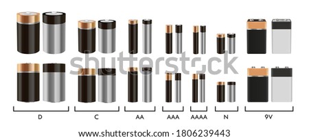 Realistic alkaline battery vector set. Isolated objects on white background. Diffrent size batteries. AA, AAA, 9V, N, D, C accumulators.