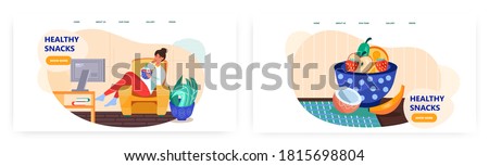 Woman watch tv at home and eat healthy snacks. Bowl with fruits. Healthy food concept illustration. Vector web site design template. Weekend and free time at home