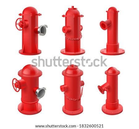 Vector set of red fire hydrants isolated on white background. Realistic 3d objects for city fire fighting department