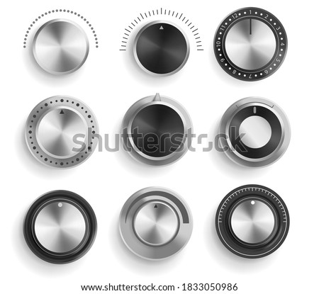 Vector set of black and chrome volume control buttons isolated on white background. Realistic 3d metal sound knobs. Tune and volume round button with scale Photo stock © 