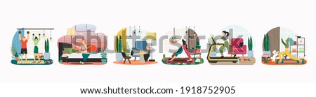People exercise at home vector illustration set. Man and woman doing fitness, stretching exercise and yoga. Family workout and healthy lifestyle. Stay fit during lockdown. Sport at home cartoon